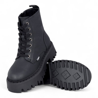 Buffalo Womens Black Chunky Platform Warm High Ankle Combat Boots - ASPEN-LACE-UP