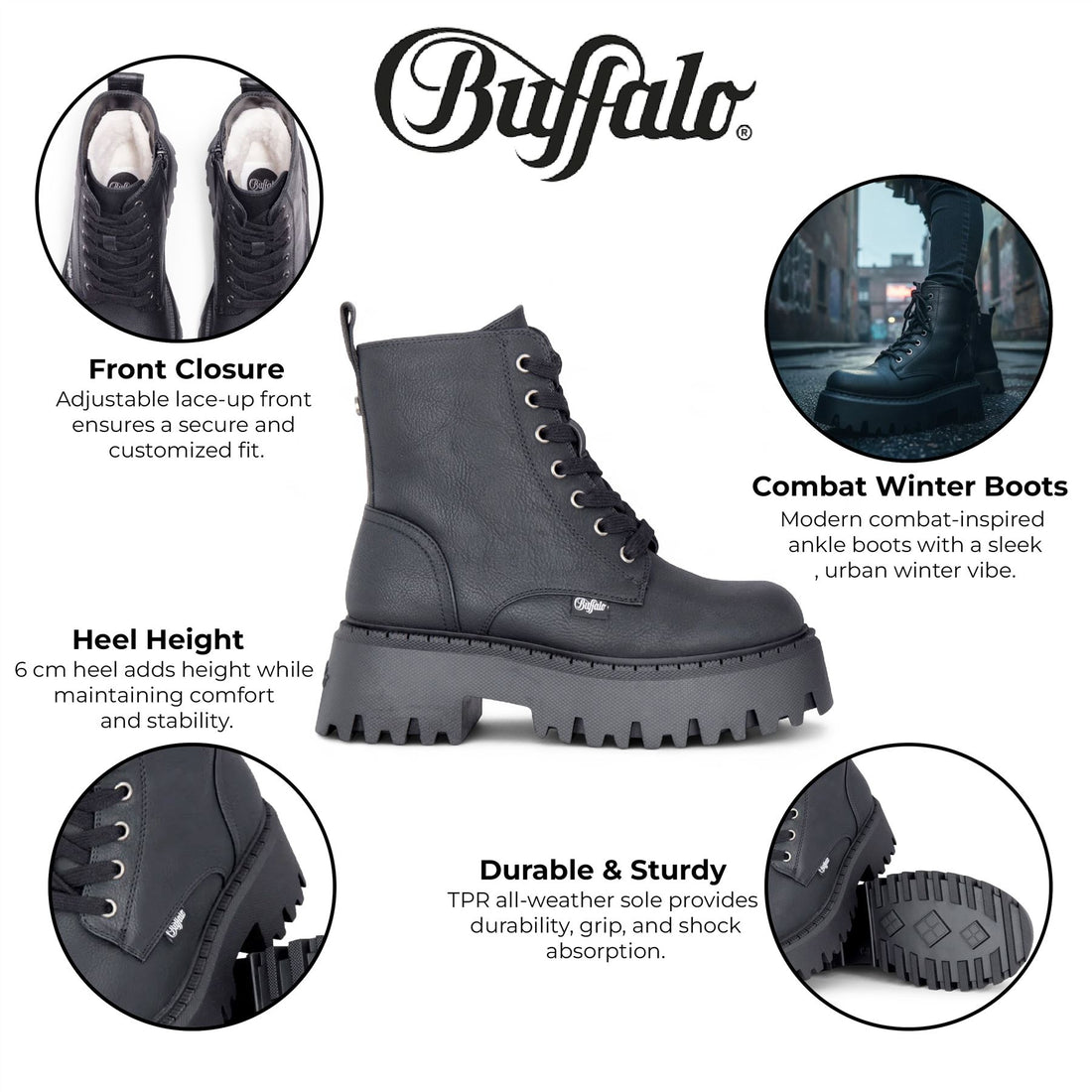 Buffalo Womens Black Chunky Platform Warm High Ankle Combat Boots - ASPEN-LACE-UP