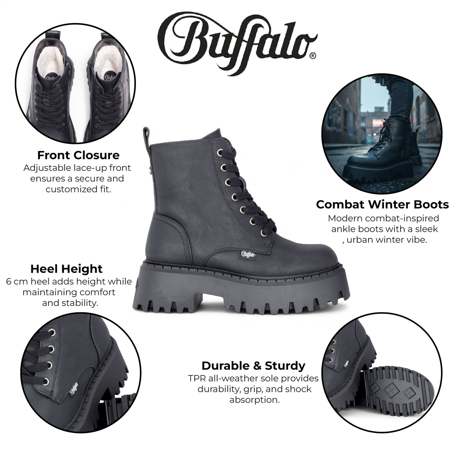 Buffalo Womens Black Chunky Platform Warm High Ankle Combat Boots - ASPEN-LACE-UP