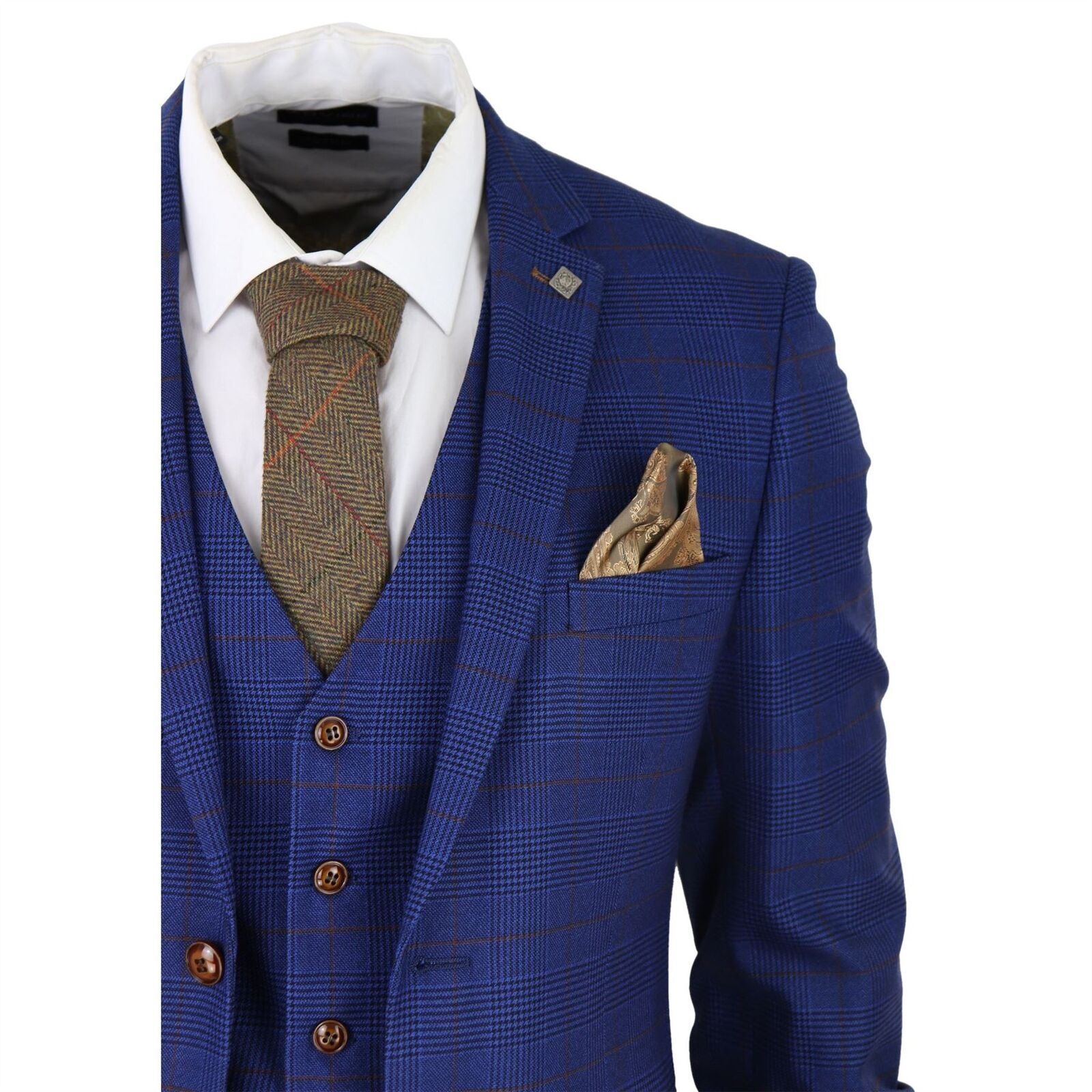 Mens Blue Brown Check 3 Piece Tailored Fit Suit - Upperclass Fashions 