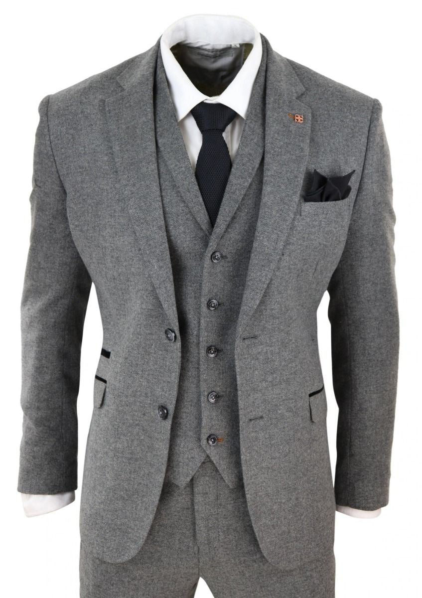 Mens 3 Piece Dark Grey Herringbone Wool Tweed Retro Suit - Upperclass Fashions 