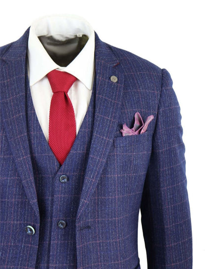 Mens 3 Piece Blue Herringbone Check Vintage Classic Suit - Upperclass Fashions 