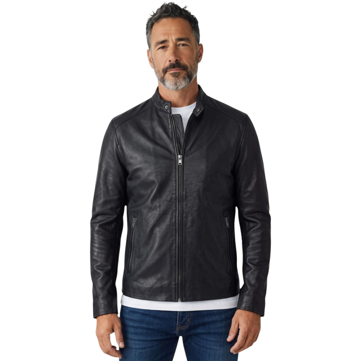 Mens Leather Stand Collar Cafe Racer Biker Jacket - E184