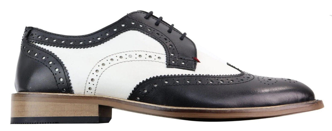 Mens Classic Oxford Brogue Gatsby Shoes in Black/White Leather - Upperclass Fashions 