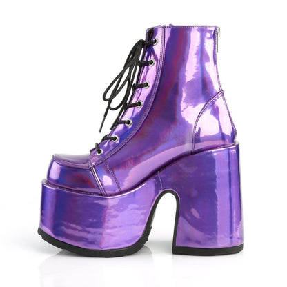 Demonia Camel 203 Purple Holographic Platform Ankle Boots
