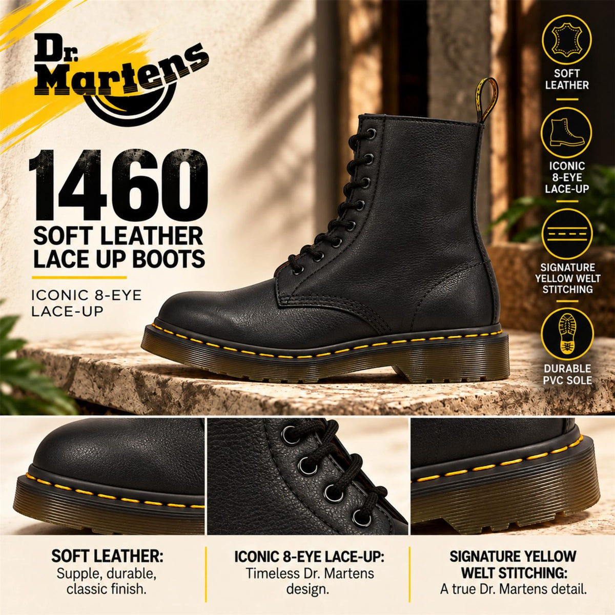 Dr Martens 1460 Pascal Black Soft Leather 8-Eye Combat Boots - 13512006