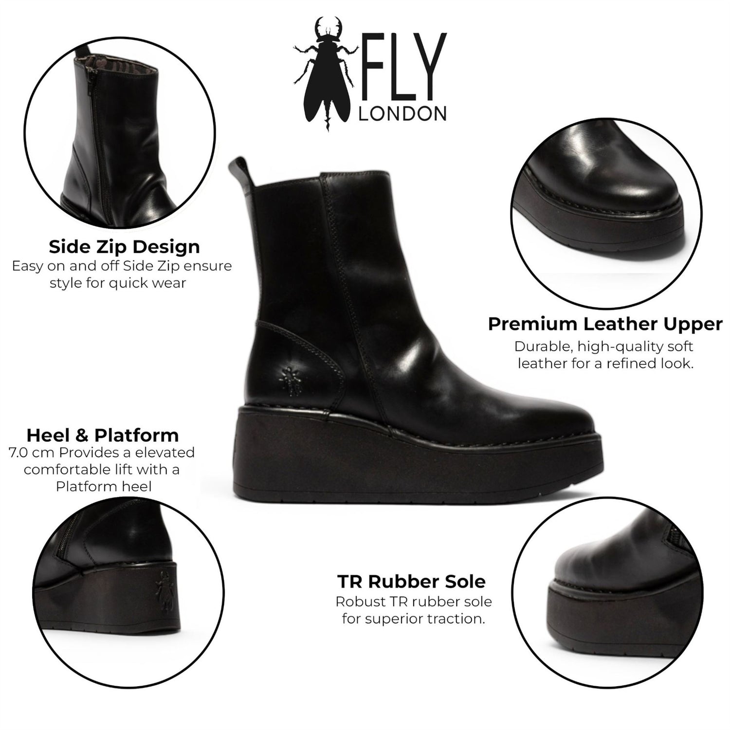 Fly London Women’s Black Leather Wedge Heel Platform Ankle Boots - HEIJ272