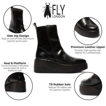 Fly London Women’s Black Leather Wedge Heel Platform Ankle Boots - HEIJ272
