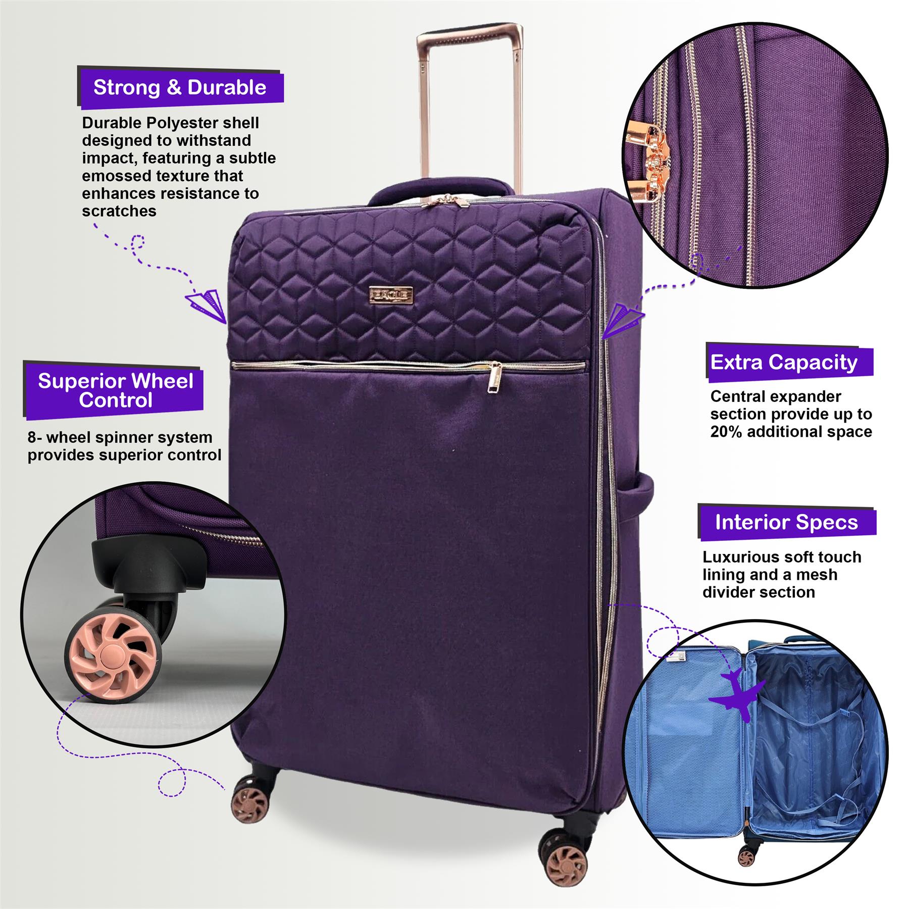 Birmingham Large Soft Shell Suitcase in Purple