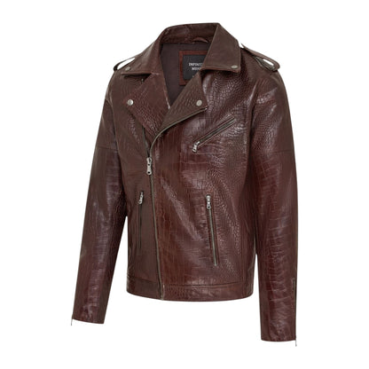 Mens Cow Leather Alligator Print Embossed Biker Jacket - Rot
