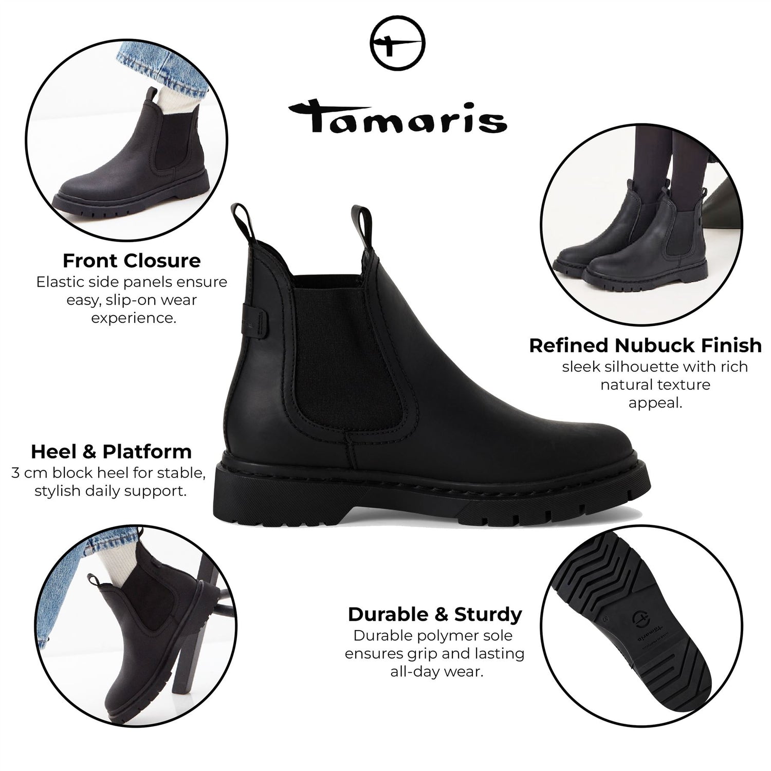 Tamaris Womens Black Leather Classic Chelsea Ankle Boots