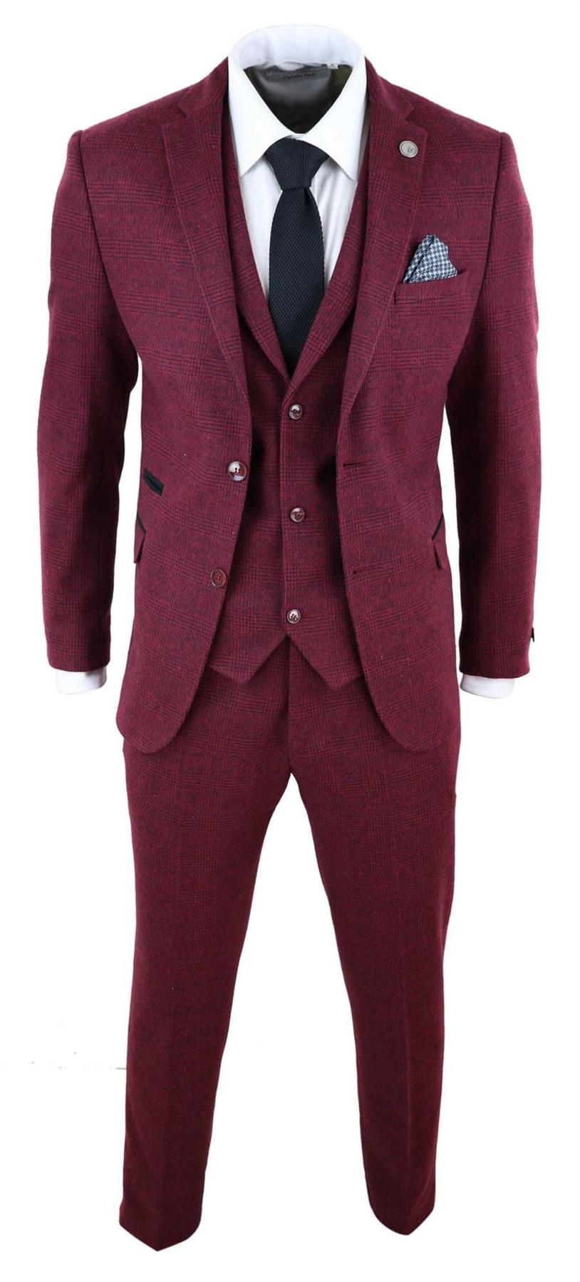 Mens 3 Piece Tweed Suit Wool Burgundy Black 1920s Authentic 1920s Blinders Suit Retro Classic