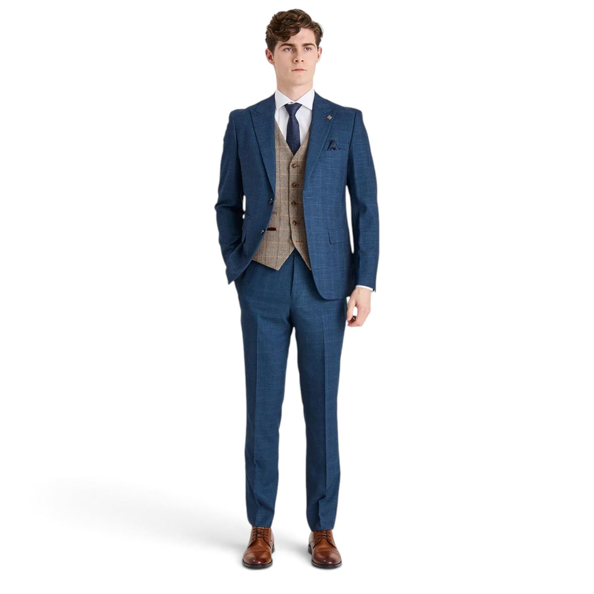 Mens Navy Suit with Brown Tweed Waistcoat Wedding Suit - Harris