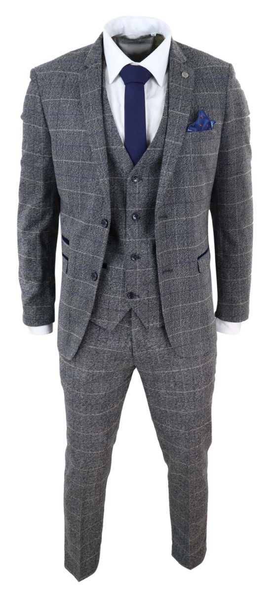 Mens 3 Piece Grey With Blue Check Vintage Classic Suit