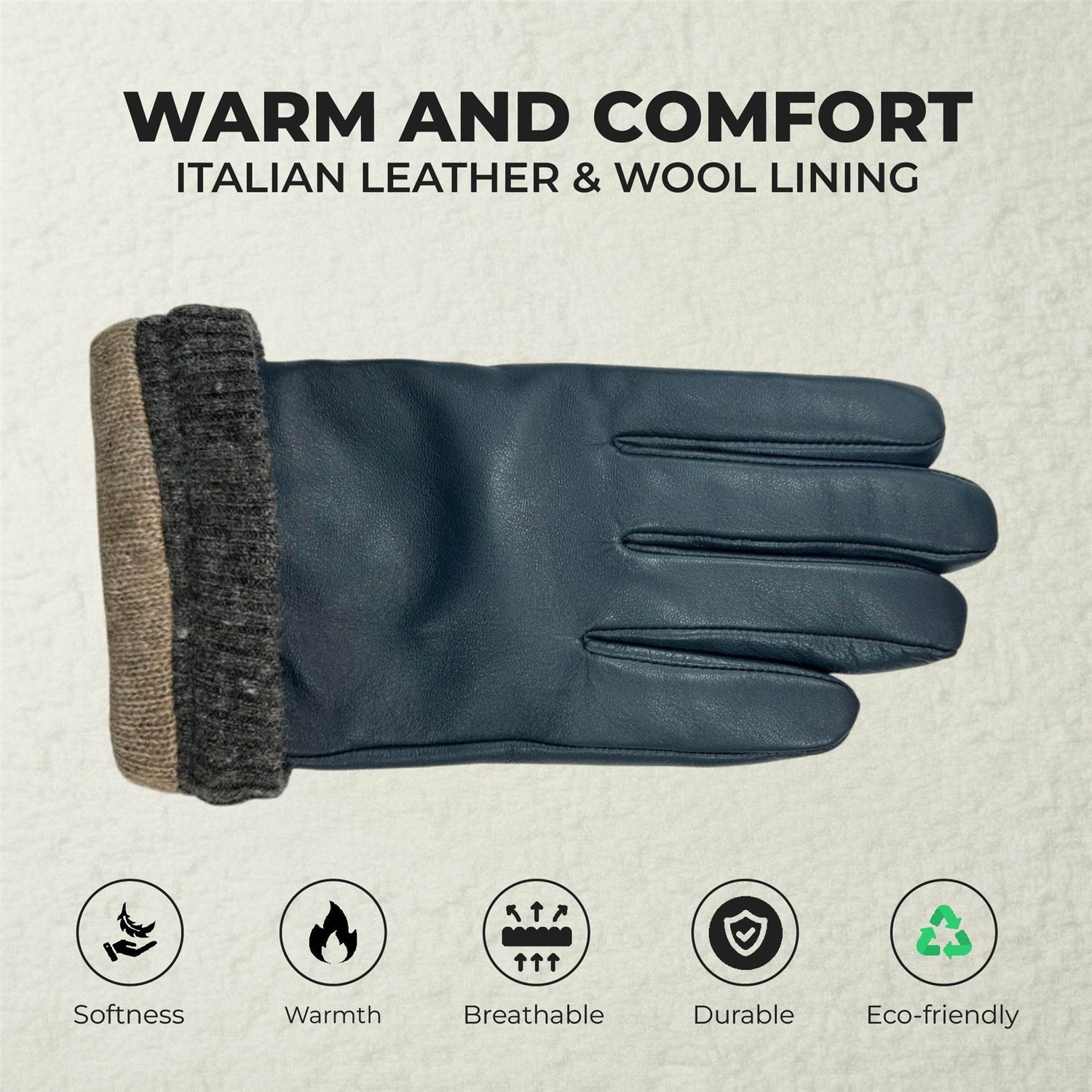 Men’s Italian Leather Warm Wool Lining Winter Knit Rib Gloves - M-LGV-105