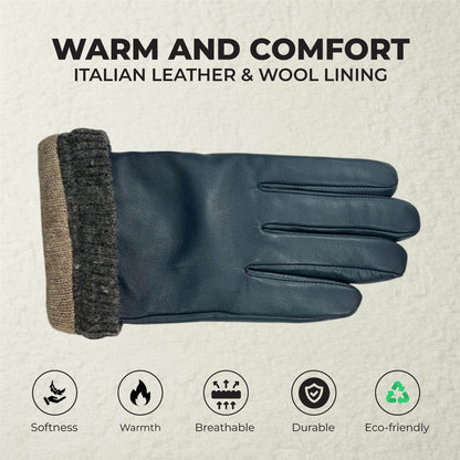 Men’s Italian Leather Warm Wool Lining Winter Knit Rib Gloves - M-LGV-105