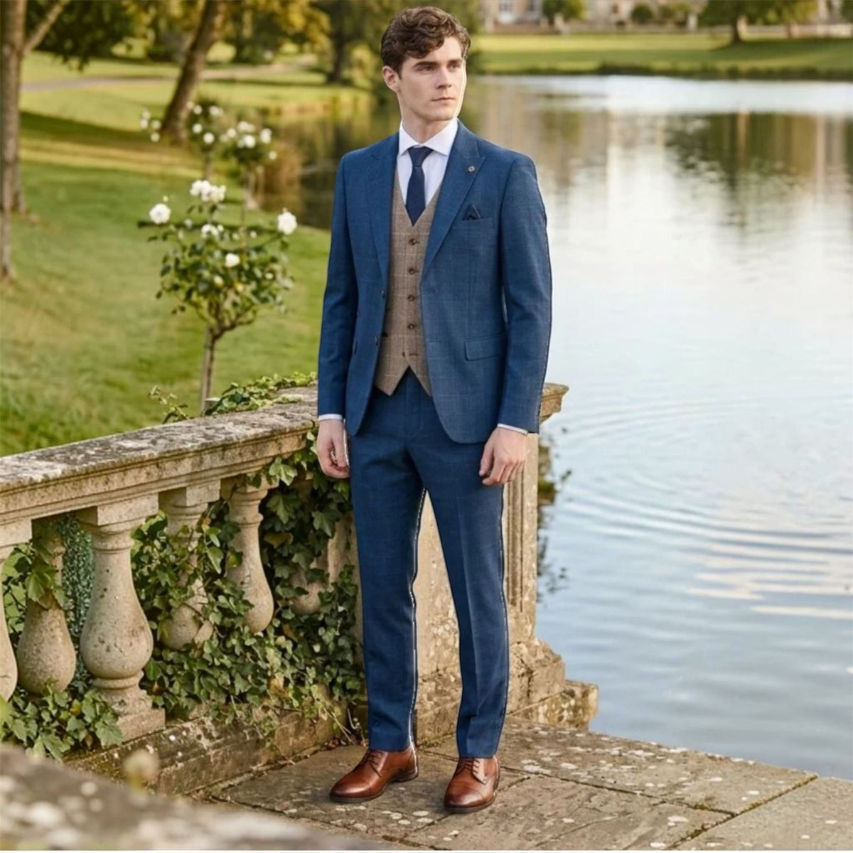 Mens Navy Suit with Brown Tweed Waistcoat Wedding Suit - Harris