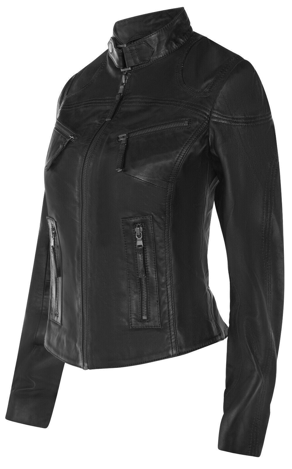 Womens Slim-Fit Leather Biker Jacket-Maldon - Upperclass Fashions 