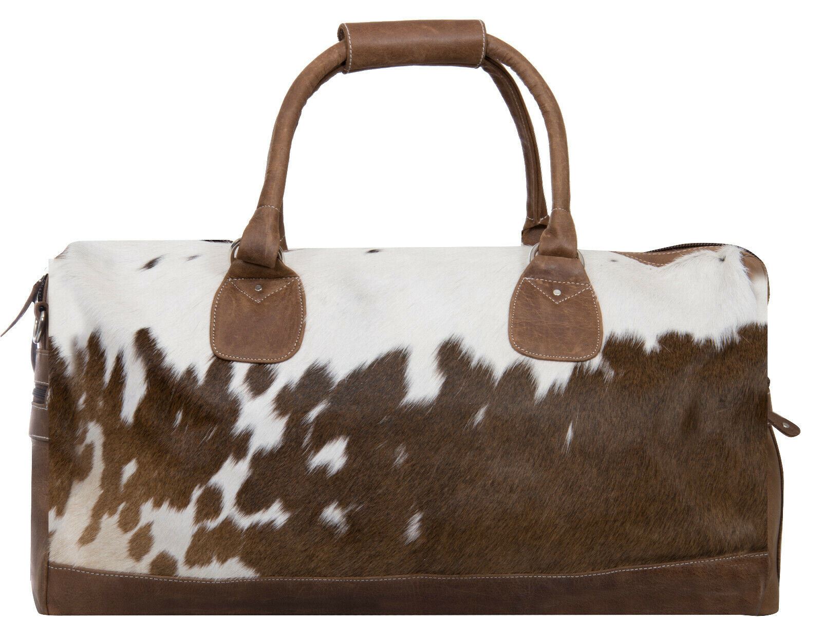 Deluxe Leather Holdall Bag Genuine Cowhide &amp; Cow Fur Weekend Duffel Travel - Upperclass Fashions 
