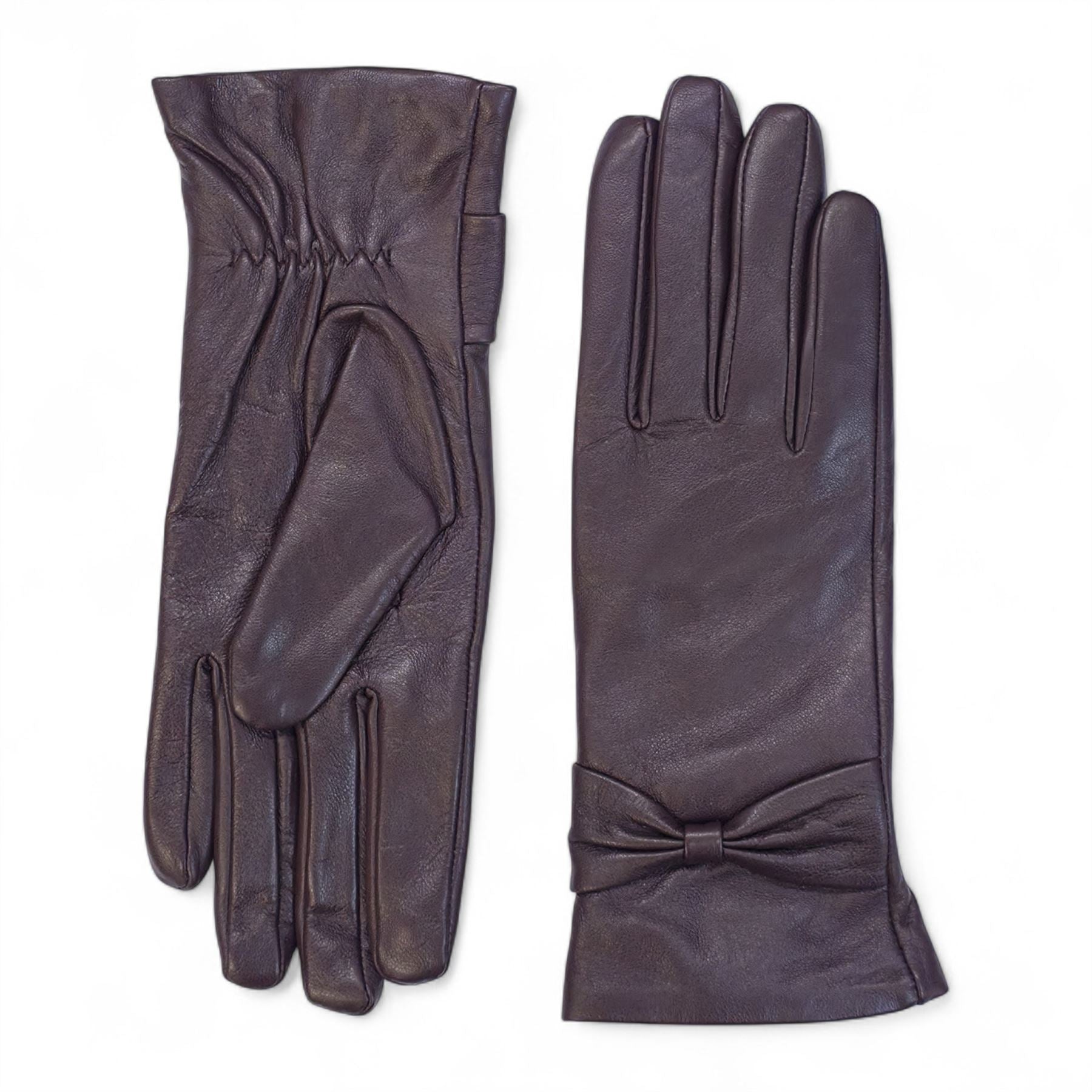 Womens Italian Leather Winter Bow Design Soft Wool Lining Gloves - L-GLV-401