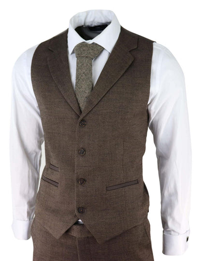 Mens Brown 3 Piece Tweed Herringbone Suit Peaky Blinders Classic Tailored - Upperclass Fashions 