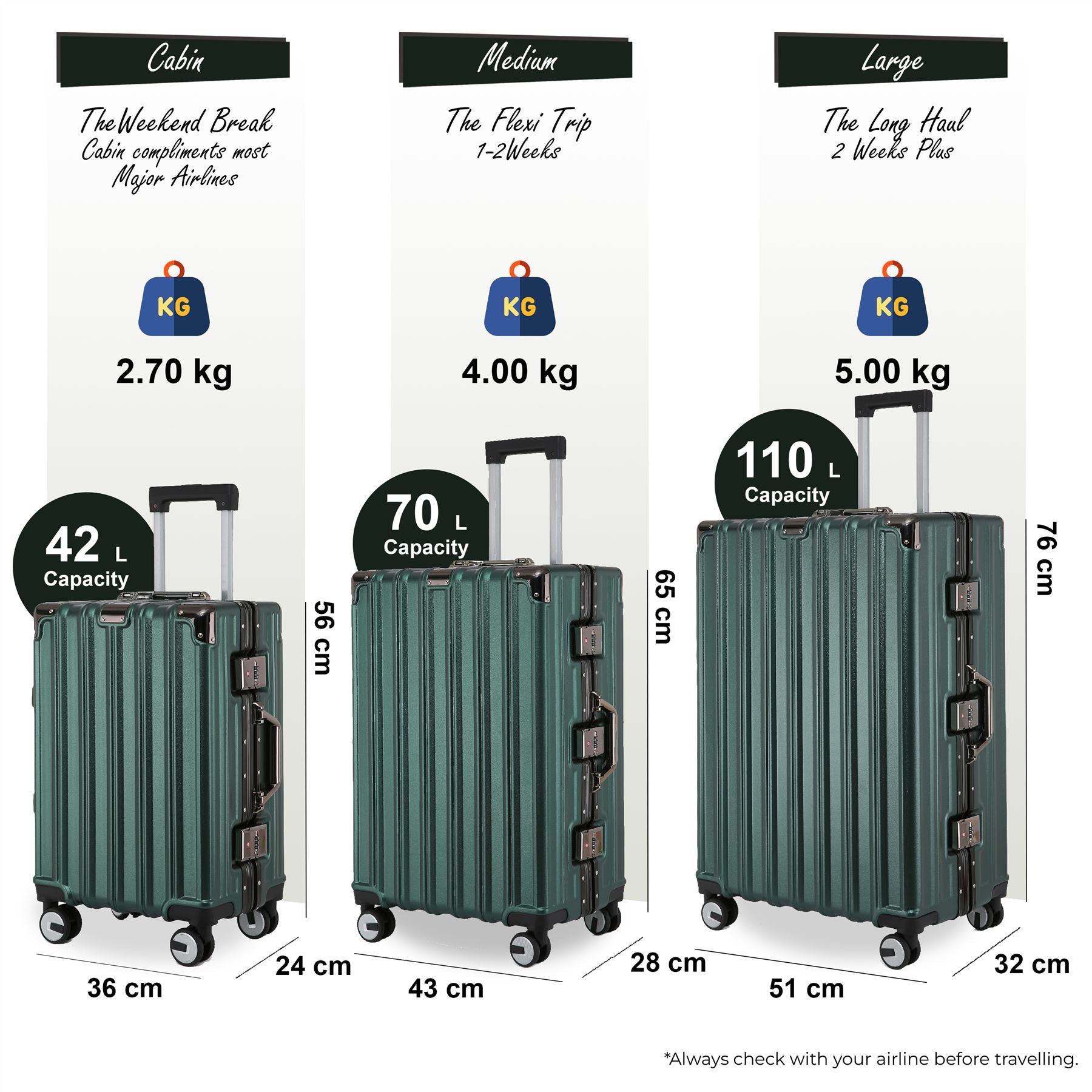 Airdrie Set of 3 Hard Shell Suitcase in Green