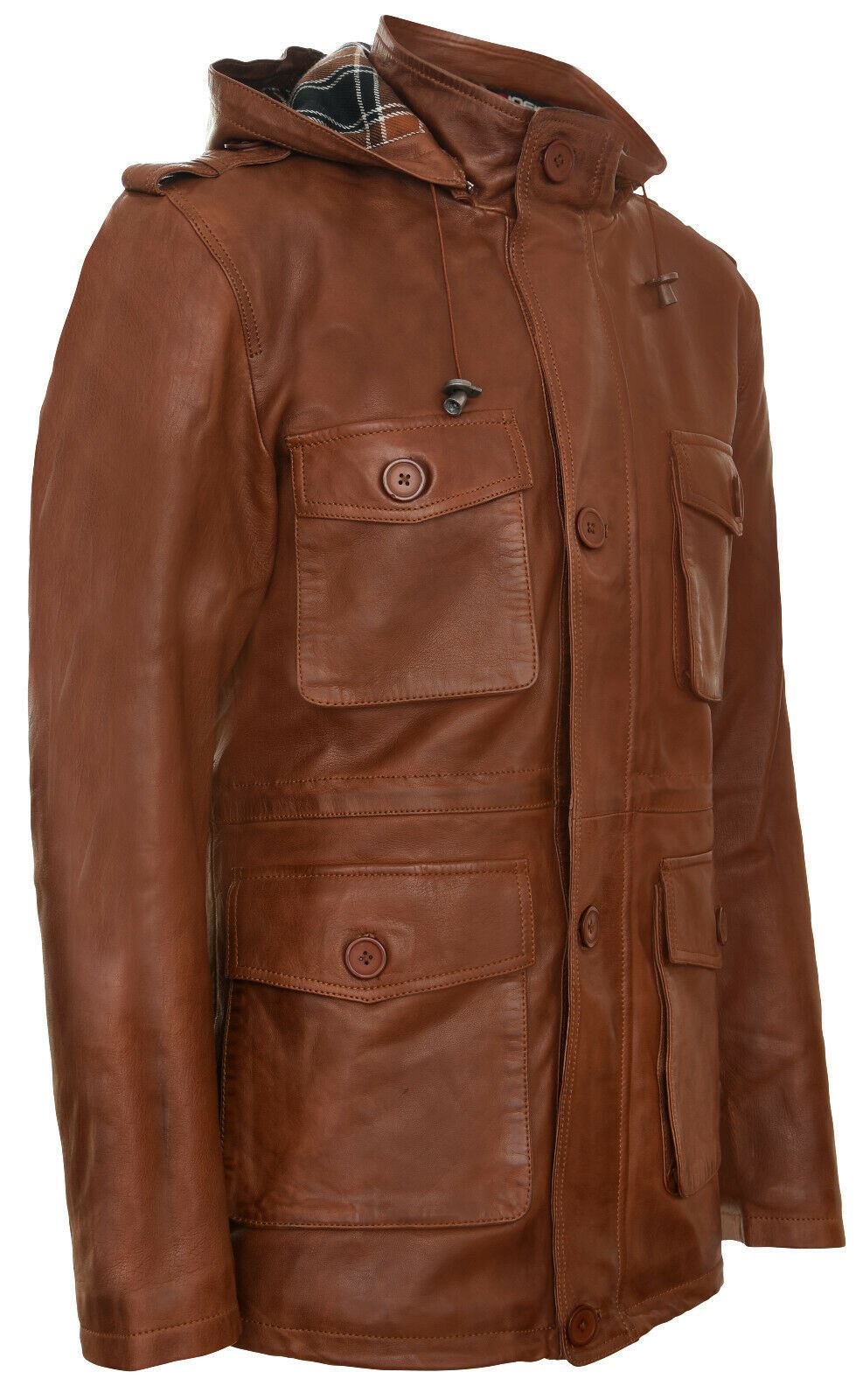 Mens Classic  Leather Hooded Trench Overcoat-Edgware