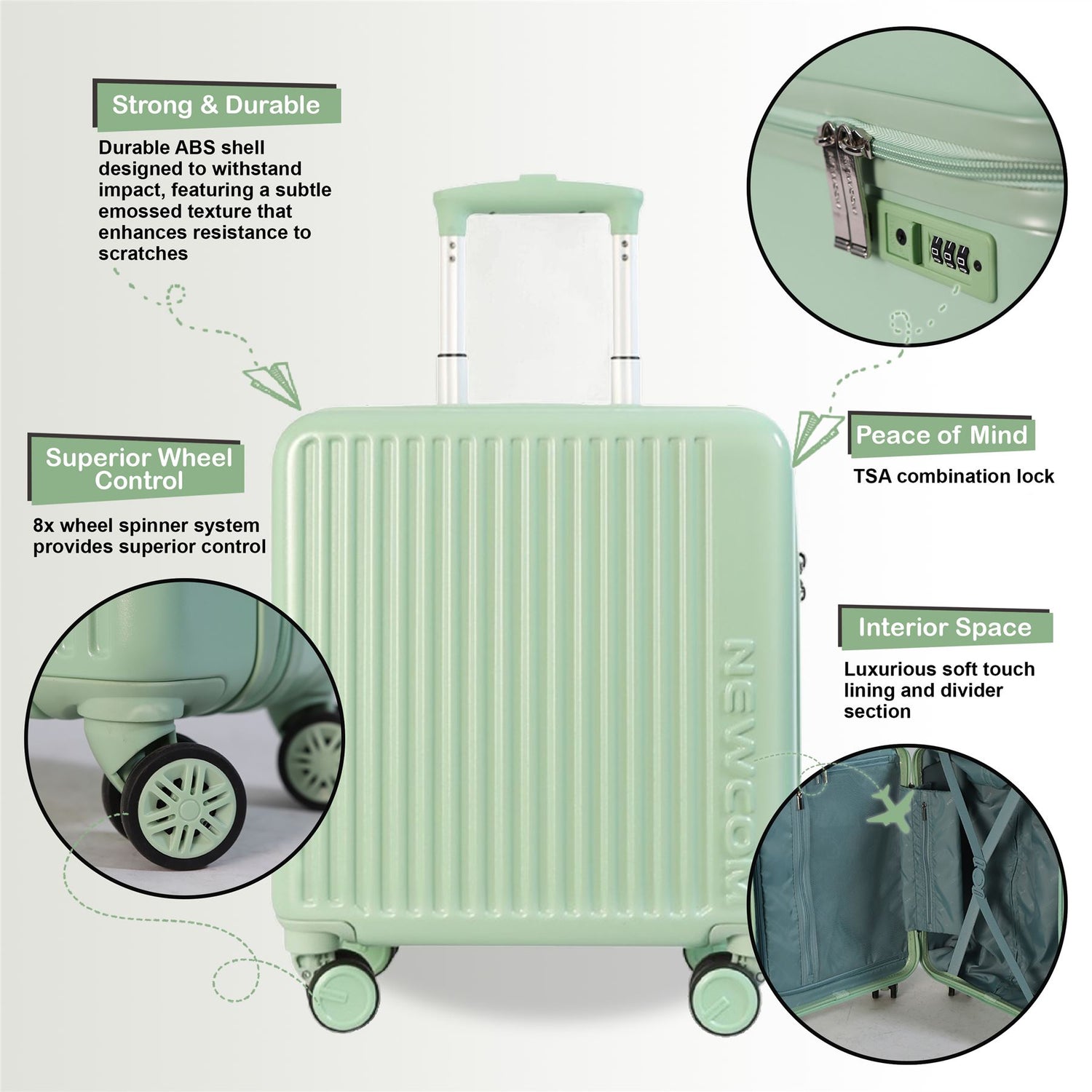 Hard Shell Cabin 44 x 22 x 38 cm Green TSA Secure Luggage Suitcase Suitable for Easyjet, Ryanair