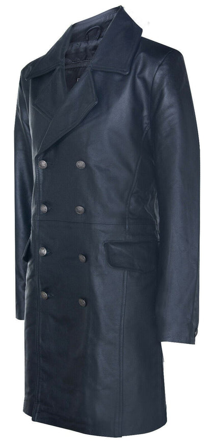 Mens Long Black Cowhide Leather Peacoat-Ellesmere