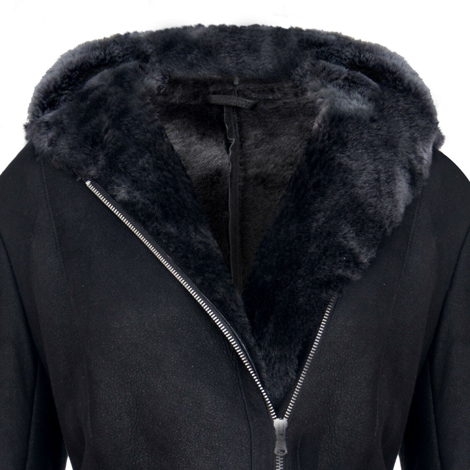 Womens Hooded Black Merino Sheepskin Jacket-Rothwell - Upperclass Fashions 
