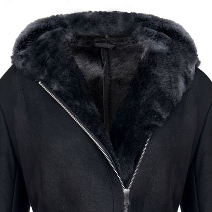 Womens Hooded Black Merino Sheepskin Jacket-Rothwell - Upperclass Fashions 