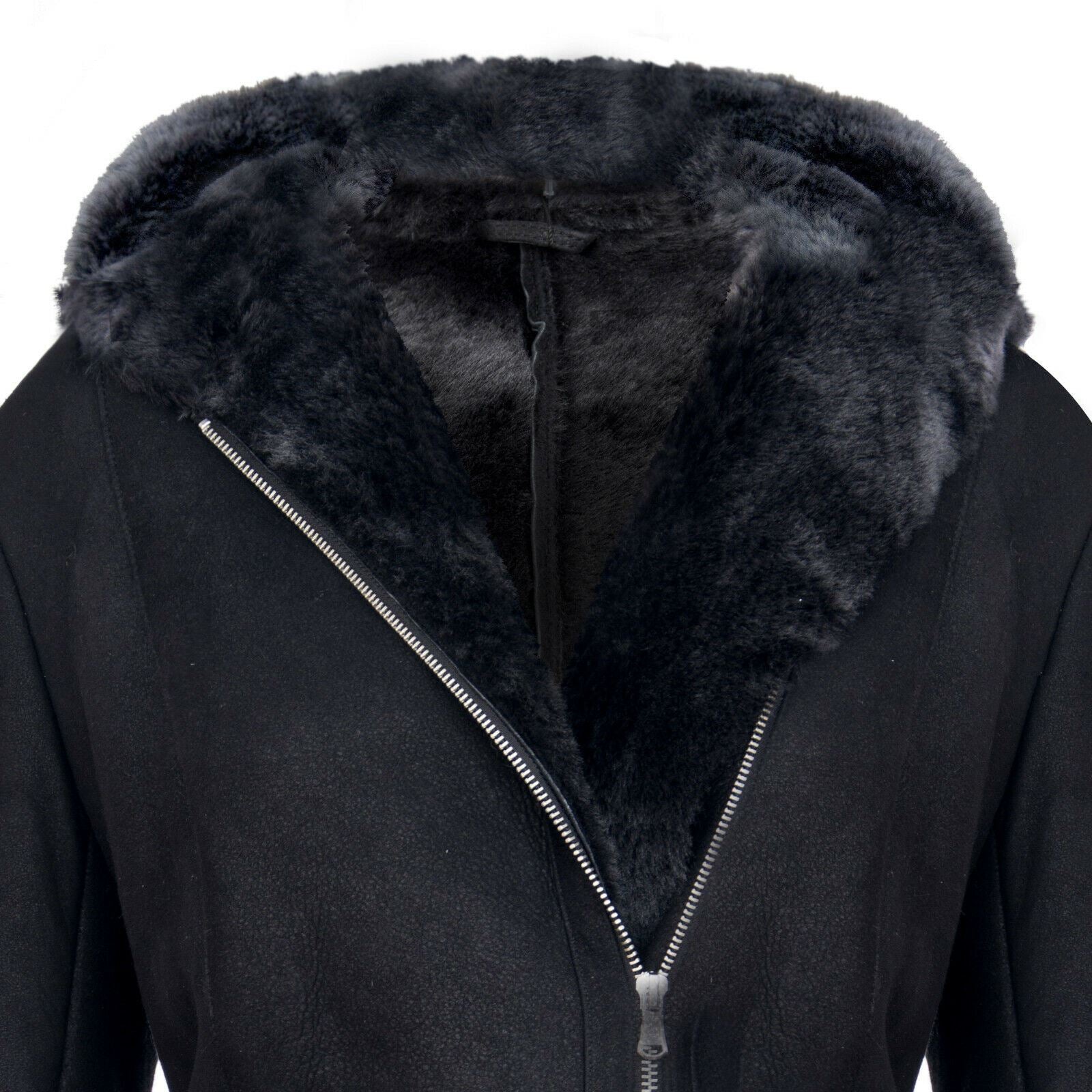 Womens Hooded Black Merino Sheepskin Jacket-Rothwell