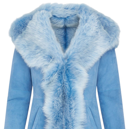 Womens Blue Toscana Sheepskin Suede Leather Hooded Trench Coat - Aura
