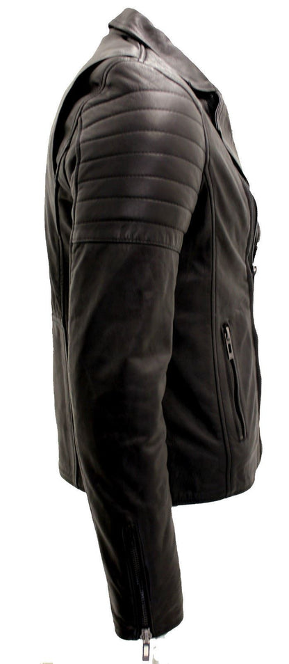 Mens Double Cross Zip Brando Leather Biker Jacket-Shrewsbury - Upperclass Fashions 