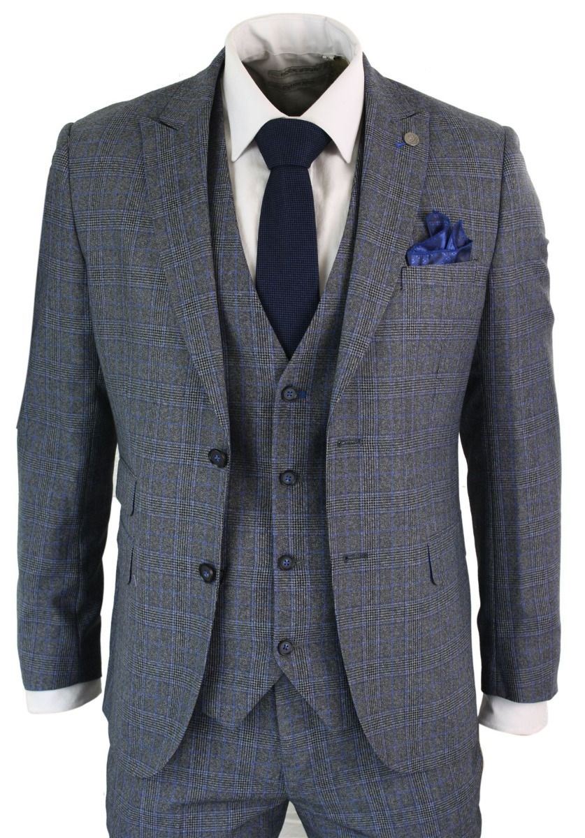 Mens 3 Piece Grey Blue Check Vintage Retro Suit - Upperclass Fashions 