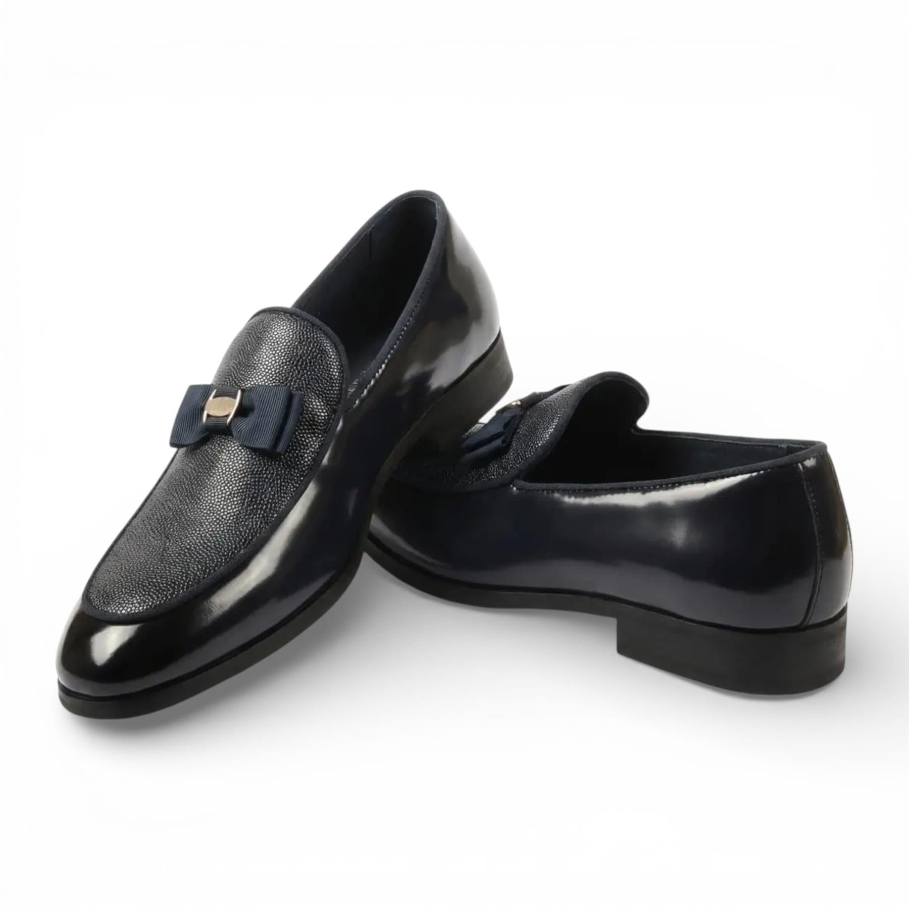 Mens Navy Blue Textured Front Iconic Buckle Bow Loafers Shoes
