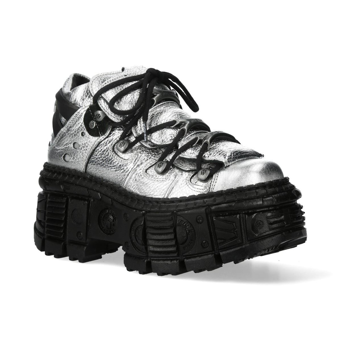 New Rock M-106WALL-C16 Metallic Silver Black Leather Gothic Ankle Boots