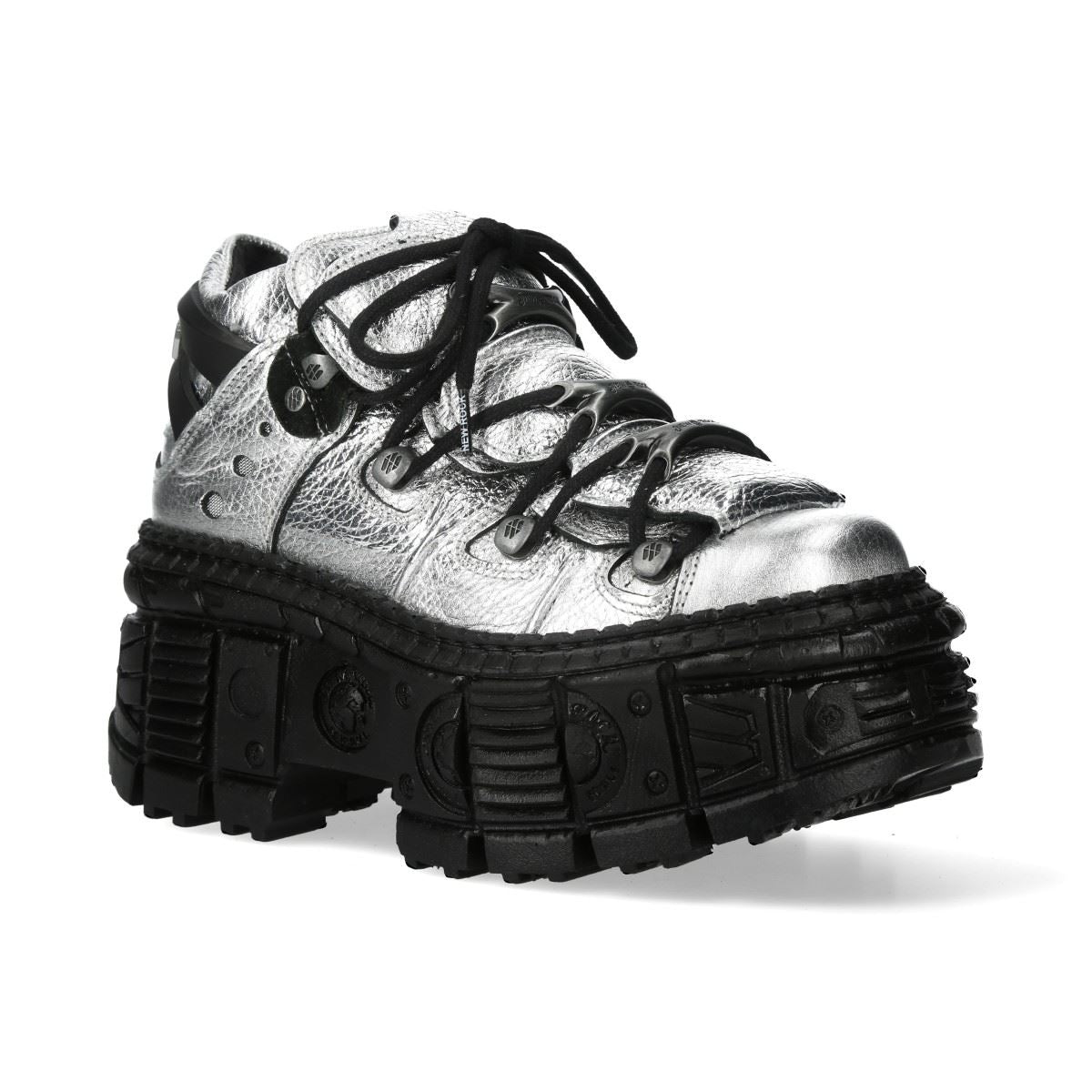 New Rock M-106WALL-C16 Metallic Silver Black Leather Gothic Ankle Boots