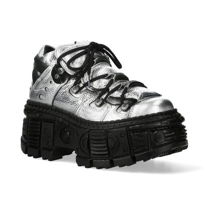 New Rock M-106WALL-C16 Metallic Silver Black Leather Gothic Ankle Boots