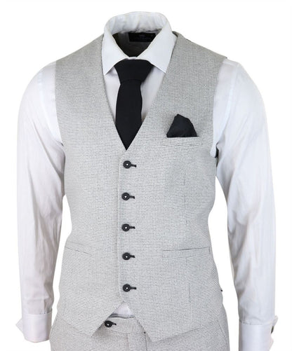 Mens 3 Piece Light Grey Check Tweed Retro Classic Suit - Upperclass Fashions 