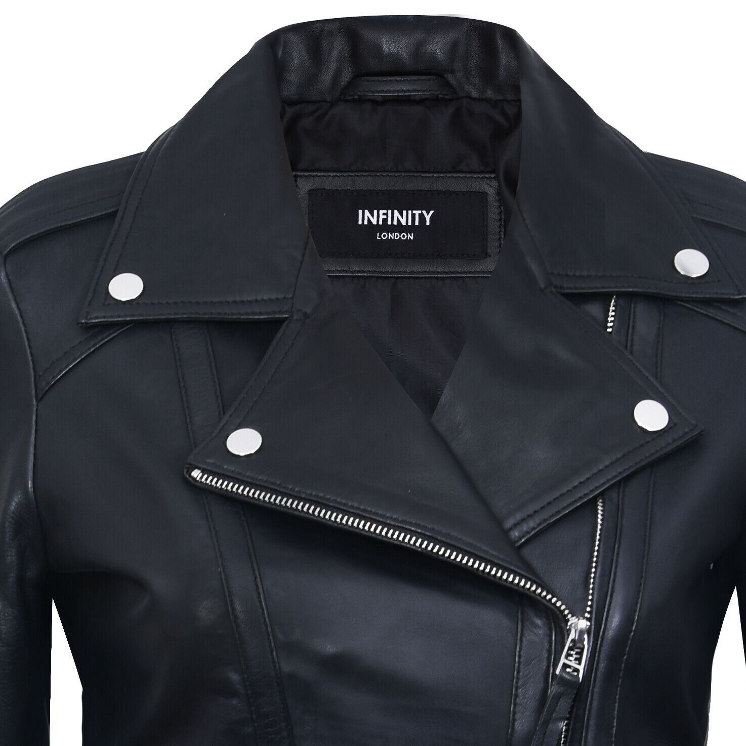 Womens Classic Black Leather Biker Jacket-Maryport