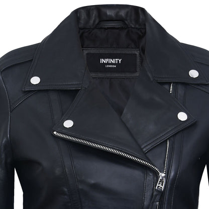 Womens Classic Black Leather Biker Jacket-Maryport