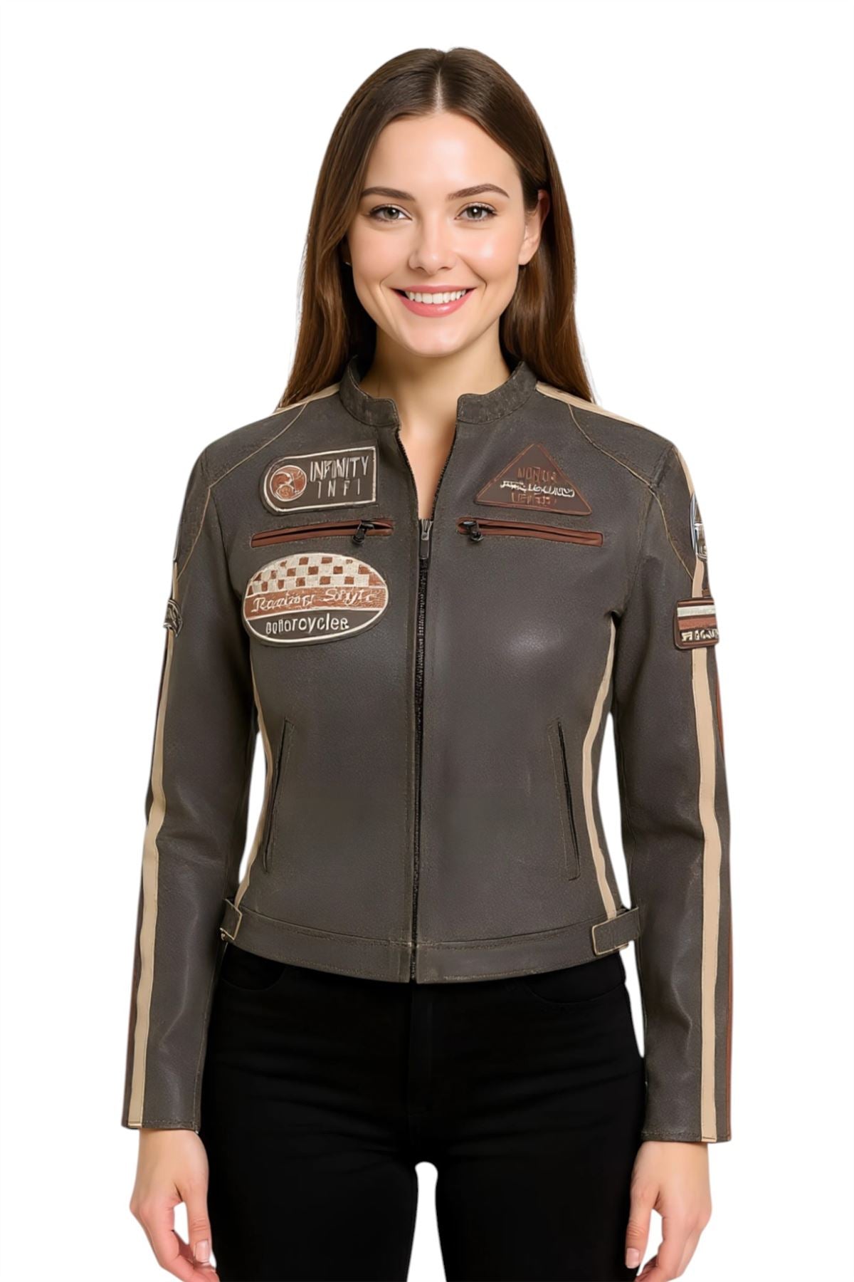 Womens Biker Racing Badges Leather Jacket-Eastleigh